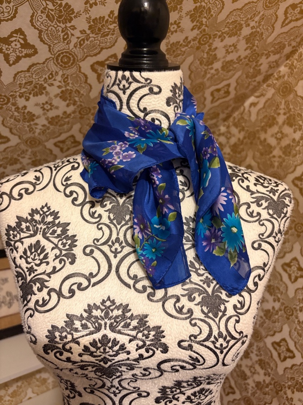 Blue Floral Border Silk Scarf